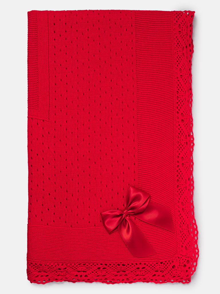 Baby Open Dot Knitted Spanish Blanket with Bow - Red
