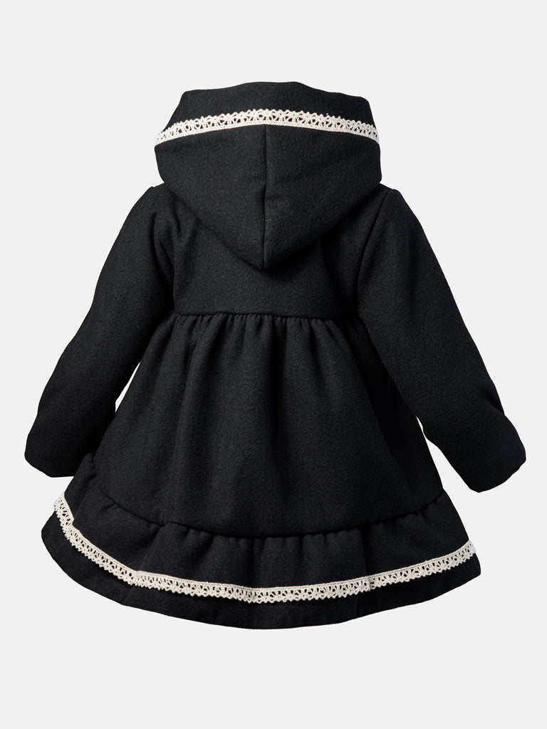 Baby Girl Elegant Spanish Coat with Lace Trim - Black