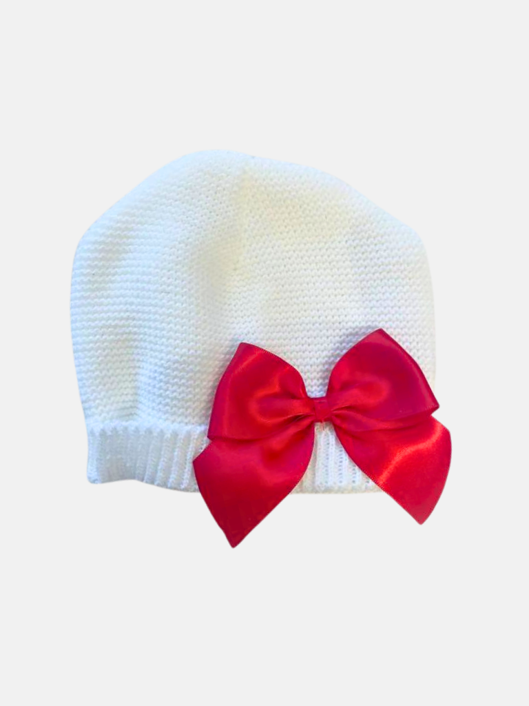 Baby Girl Knitted Red Bow Hat - White with Red Bow
