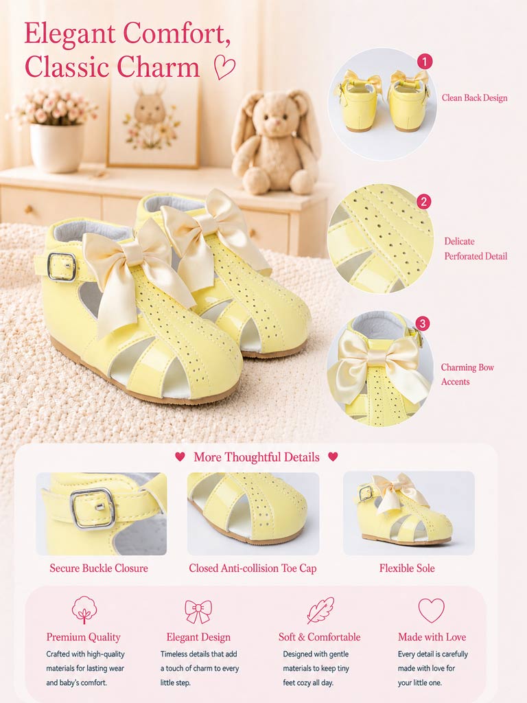 Baby Girl M&B Sandals with Detachable Satin Bow - Lemon Yellow