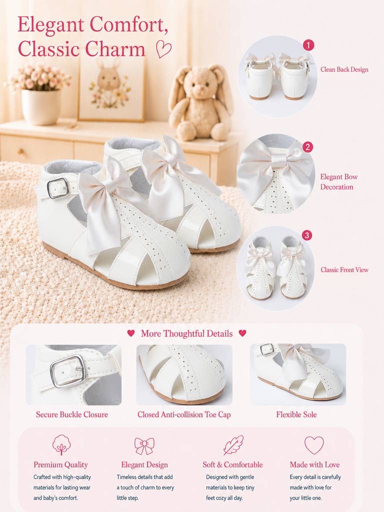 Baby Girl M&B Sandals with Detachable Satin Bow - Cream