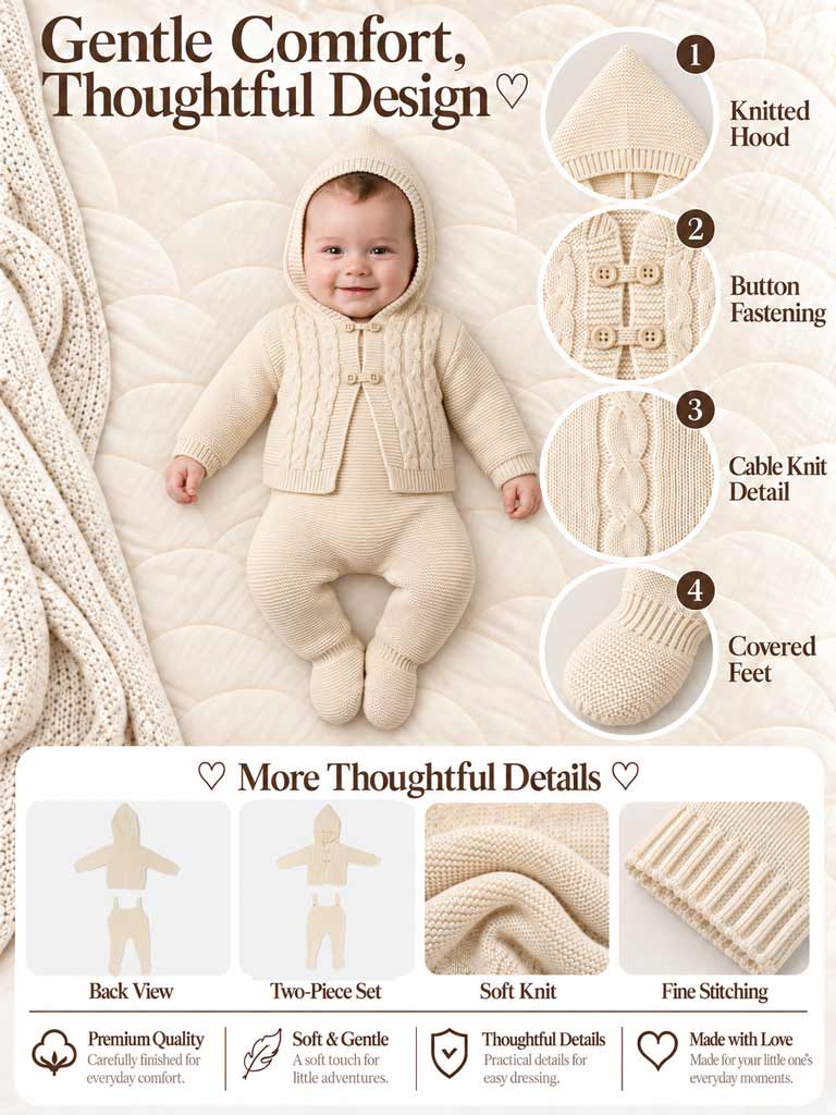 Unisex MAR COLLECTION 2-Piece Knitted Dungaree and Cardigan Set with Double-Button Loops - Beige
