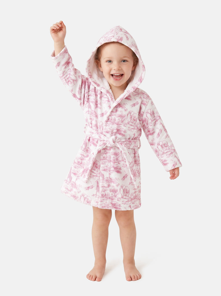 Children's Cotton Hooded Bath Robe - Safari Collection - Baby Pink