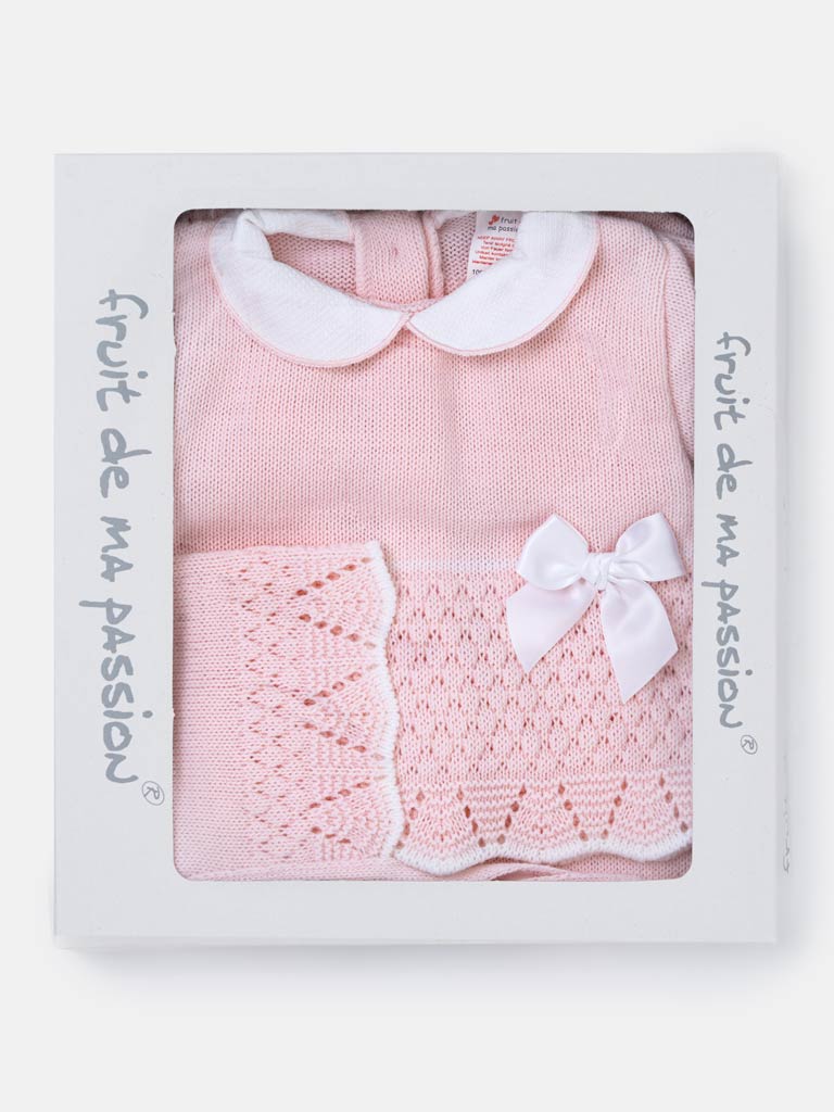 Baby Girl Scallop Hem 3-piece Knitted Gift Box Set - Baby Pink