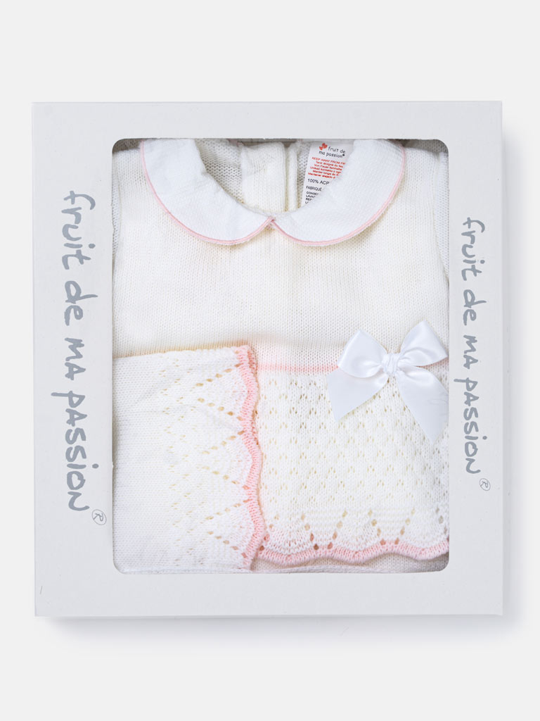 Baby Girl Scallop Hem 3-piece Knitted Gift Box Set - White