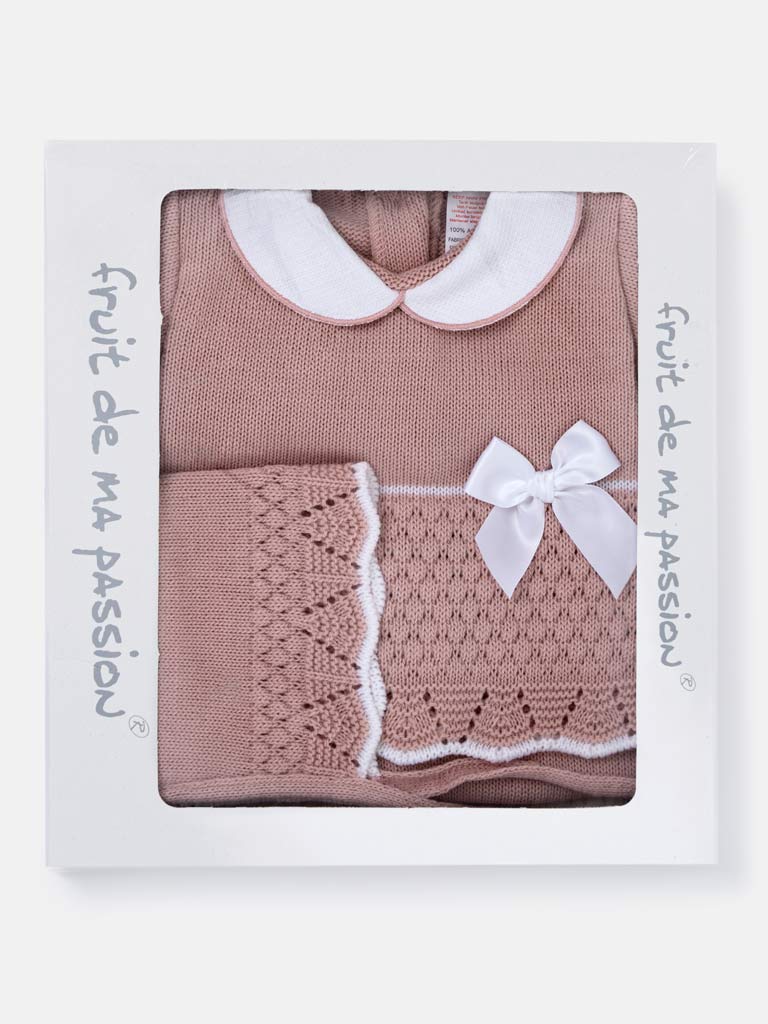 Baby Girl Scallop Hem 3-piece Knitted Gift Box Set - Dusty Pink