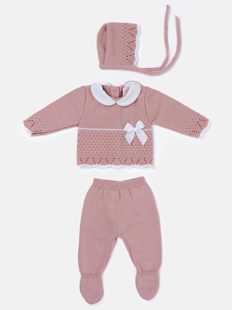 Baby Girl Scallop Hem 3-piece Knitted Gift Box Set - Dusty Pink