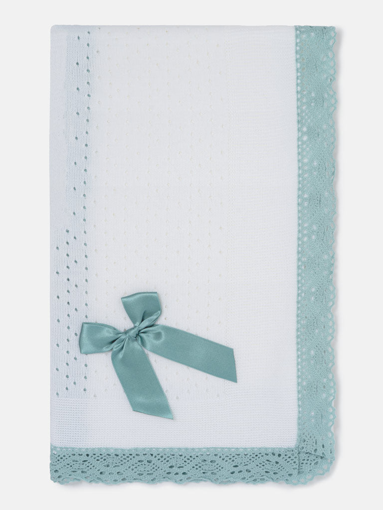 Baby Open Dot Knitted Spanish Blanket with Bow - White & Aqua Green