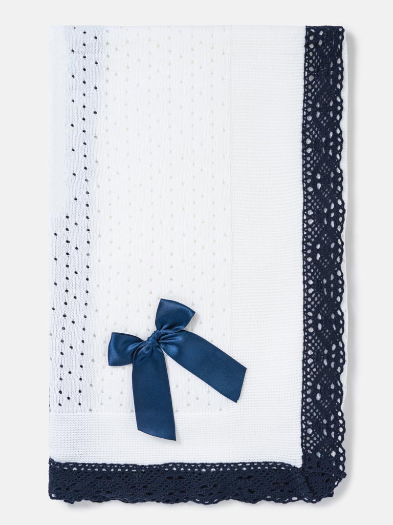 Baby Open Dot Knitted Spanish Blanket with Bow - White & Dark Navy
