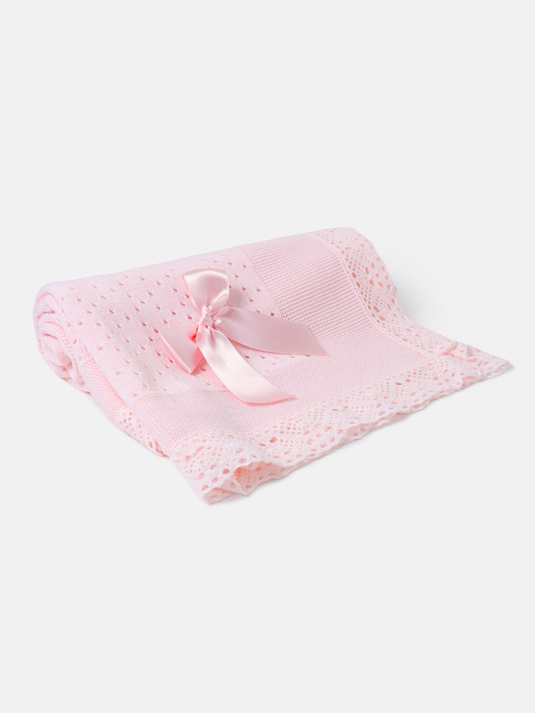 Baby Open Dot Knitted Spanish Blanket with Bow - Baby Pink
