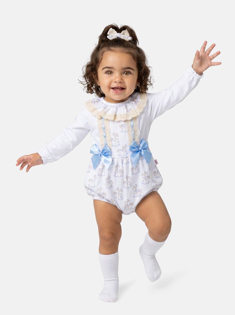Baby Girl 2-piece Romper Set with Long Sleeves - Rocking Horse Collection - Baby Blue