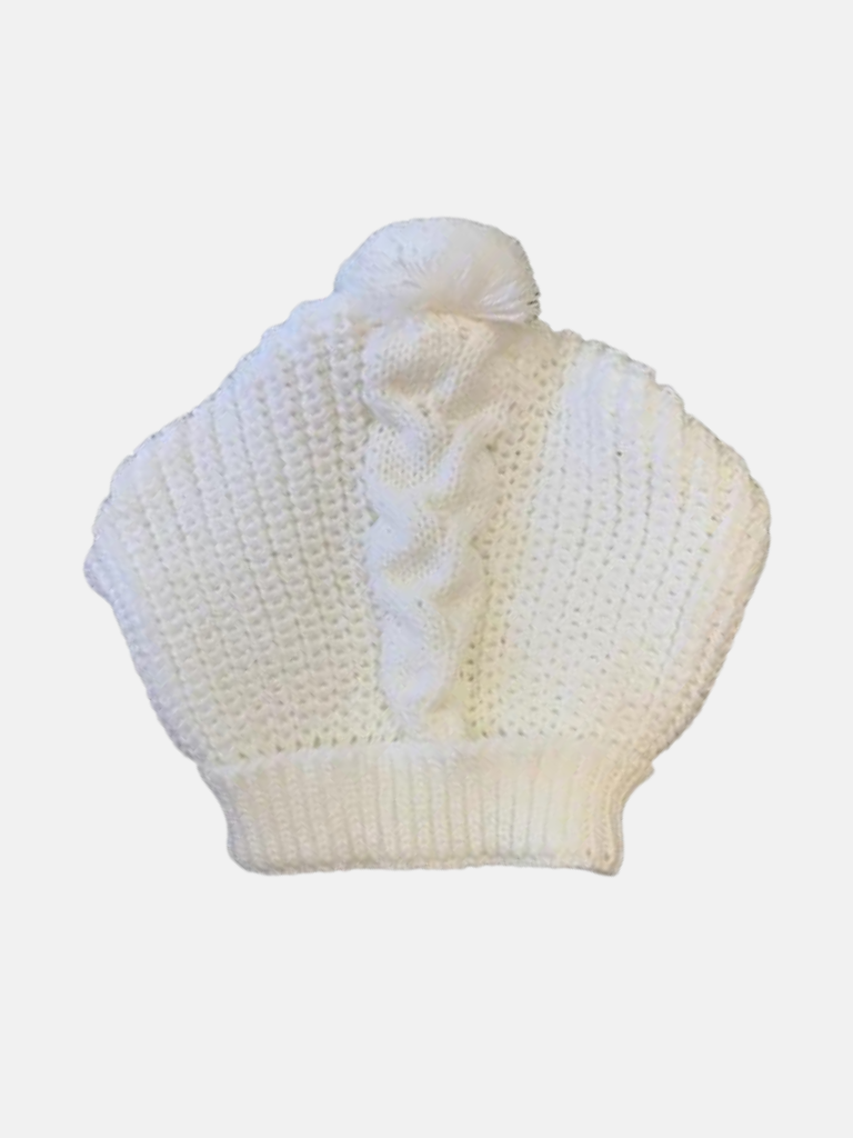 Baby Unisex Ribbed Chain Knit Pom-pom Hat - White
