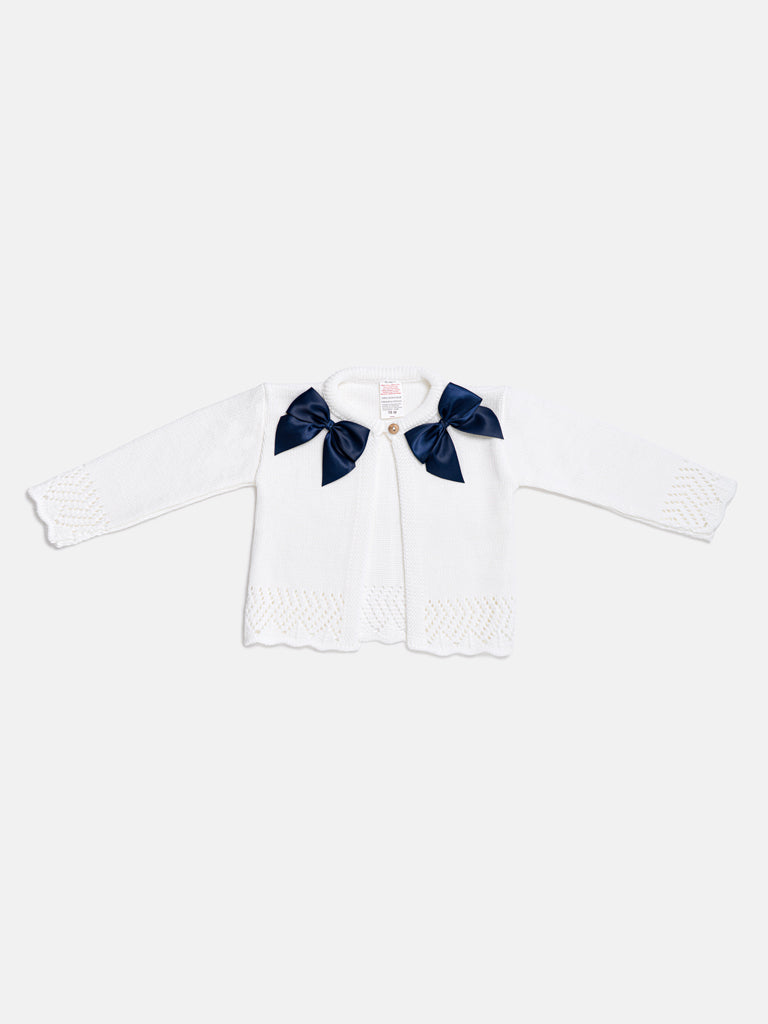 Baby Girl Cardigan with 2 Big Bows - White & Navy