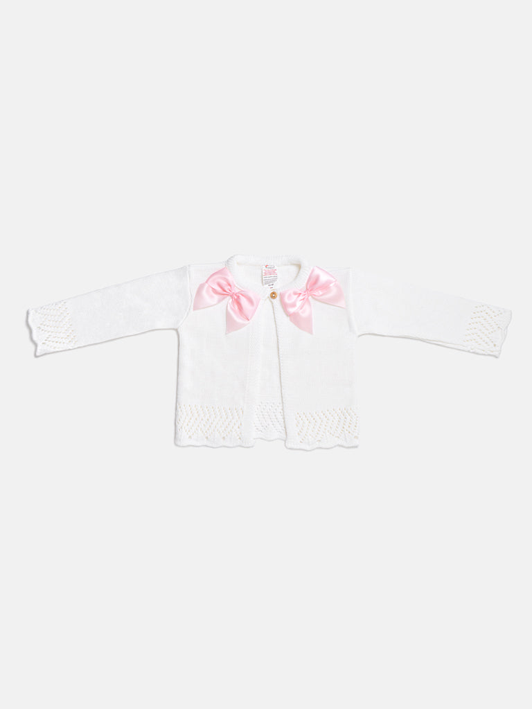 Baby Girl Cardigan with 2 Big Bows - White & Baby Pink