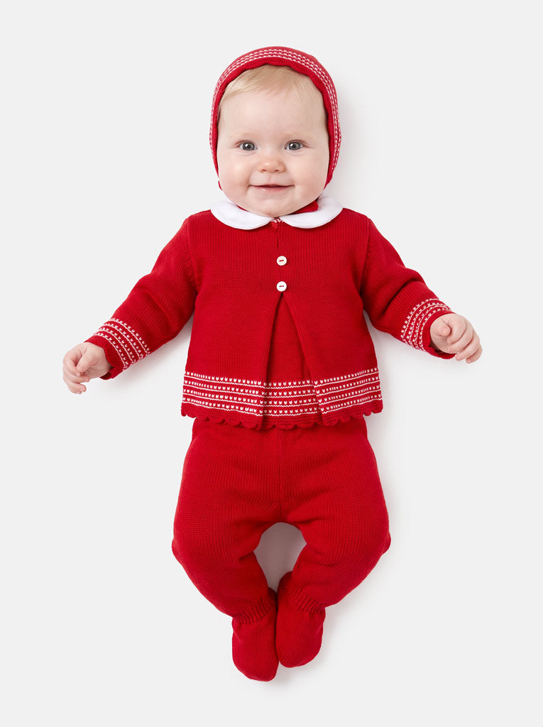 Baby Girl Peter Pan Collar Scalloped Knitted 3-piece Gift Box Set - Red