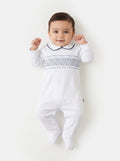 Cotton Baby Grow with Smocked Detail - White & Navy Blue