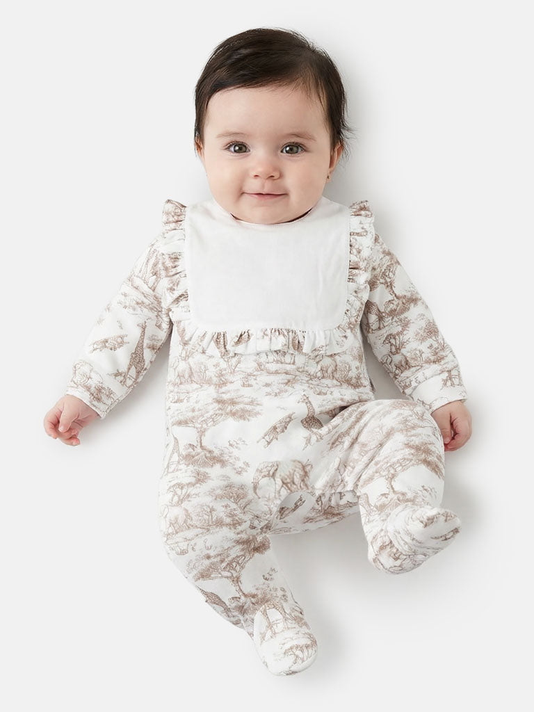 Baby Grow for Girls Safari Collection with Frilled Bib - Beige