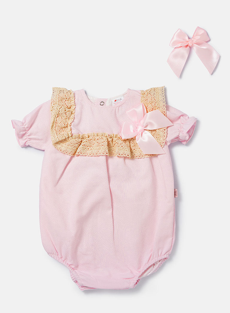 Baby Girl Catalina Collection Romper + Hair Clip Set - Baby Pink