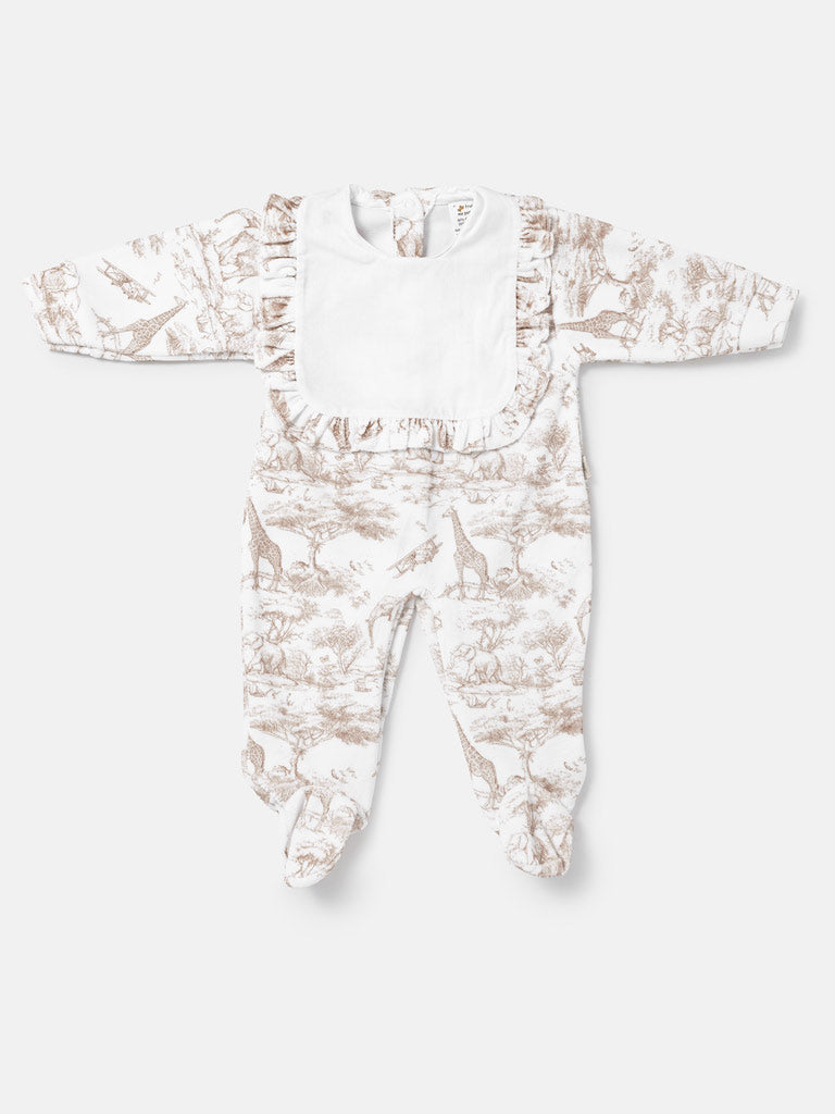 Baby Grow for Girls Safari Collection with Frilled Bib - Beige