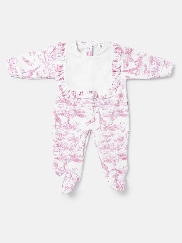 Baby Grow for Girls Safari Collection with Frilled Bib - Baby Pink
