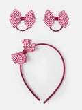 Baby Girl School Hair Accessories 3-Piece Set with Checked Bow - Cherry Red