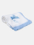 Baby Open Dot Knitted Spanish Blanket with Bow - White & Baby Blue