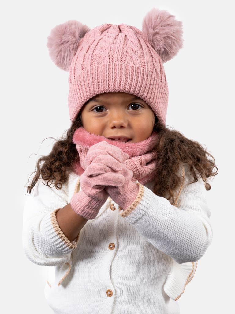 Baby Girl 3 in 1 Set(Hat, Gloves, Snood) - Dusty Pink