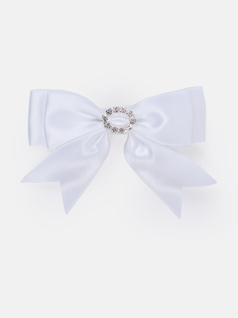 Baby Girl Satin Bow with Diamond Hairclip - White