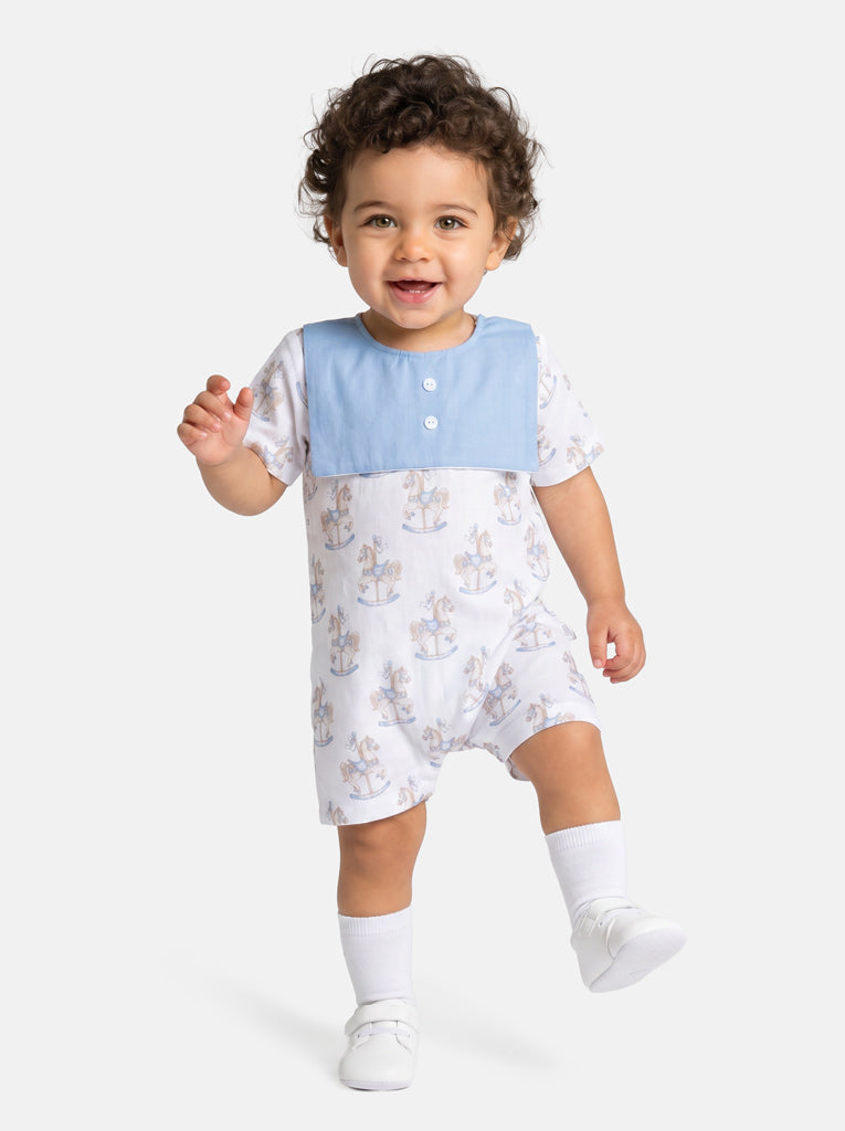 Baby Summer Pyjama with Attached Bib - Rocking Horse Collection - Baby Blue