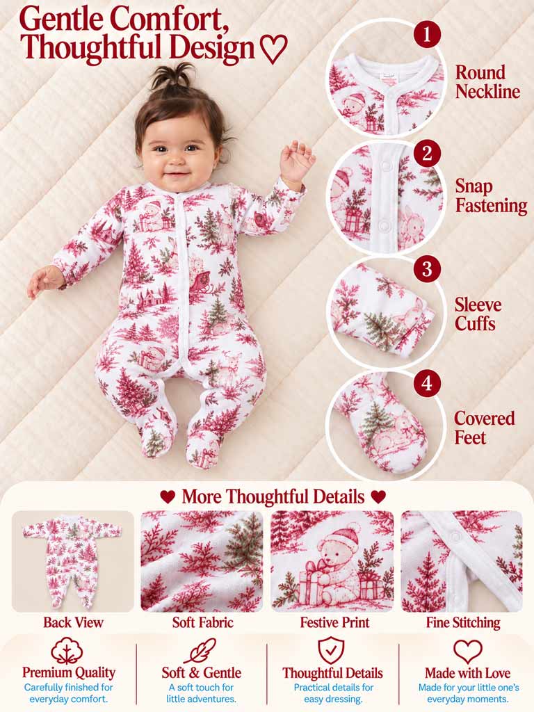Velour Baby Grow with Front Snap Fasteners - Christmas Print Collection - LIMITED EDITION