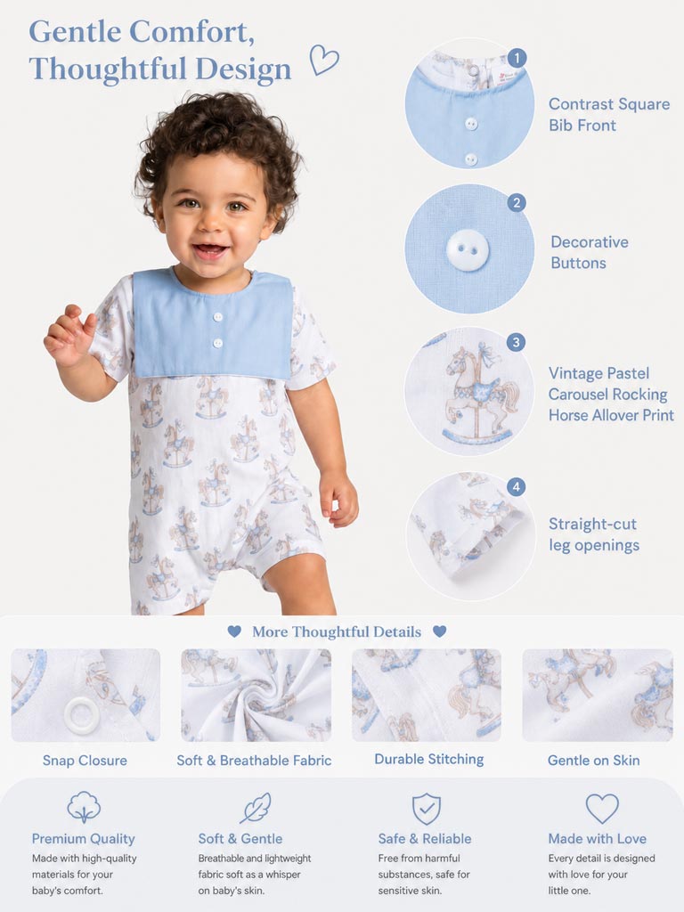 Baby Summer Pyjama with Attached Bib - Rocking Horse Collection - Baby Blue
