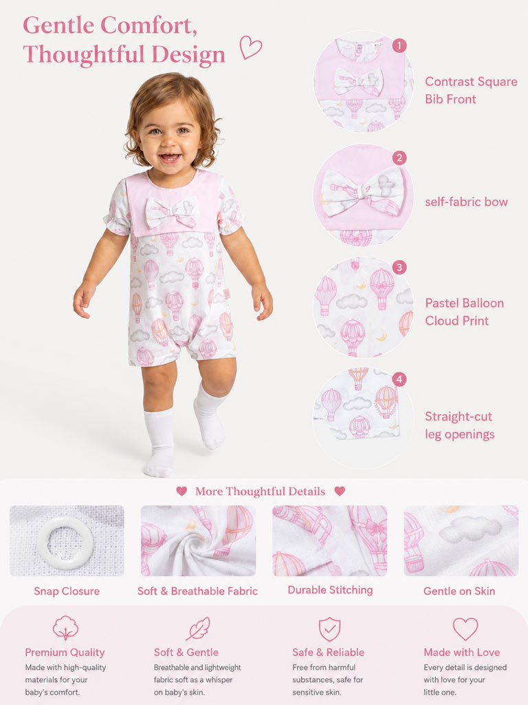 Baby Girl Summer Pyjama with Puffed Sleeves - Hot Air Balloon Collection - Baby Pink