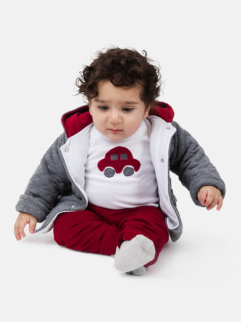 Baby Boy Damian 3-piece Set with Quilted Jacket - Grey & Cherry
