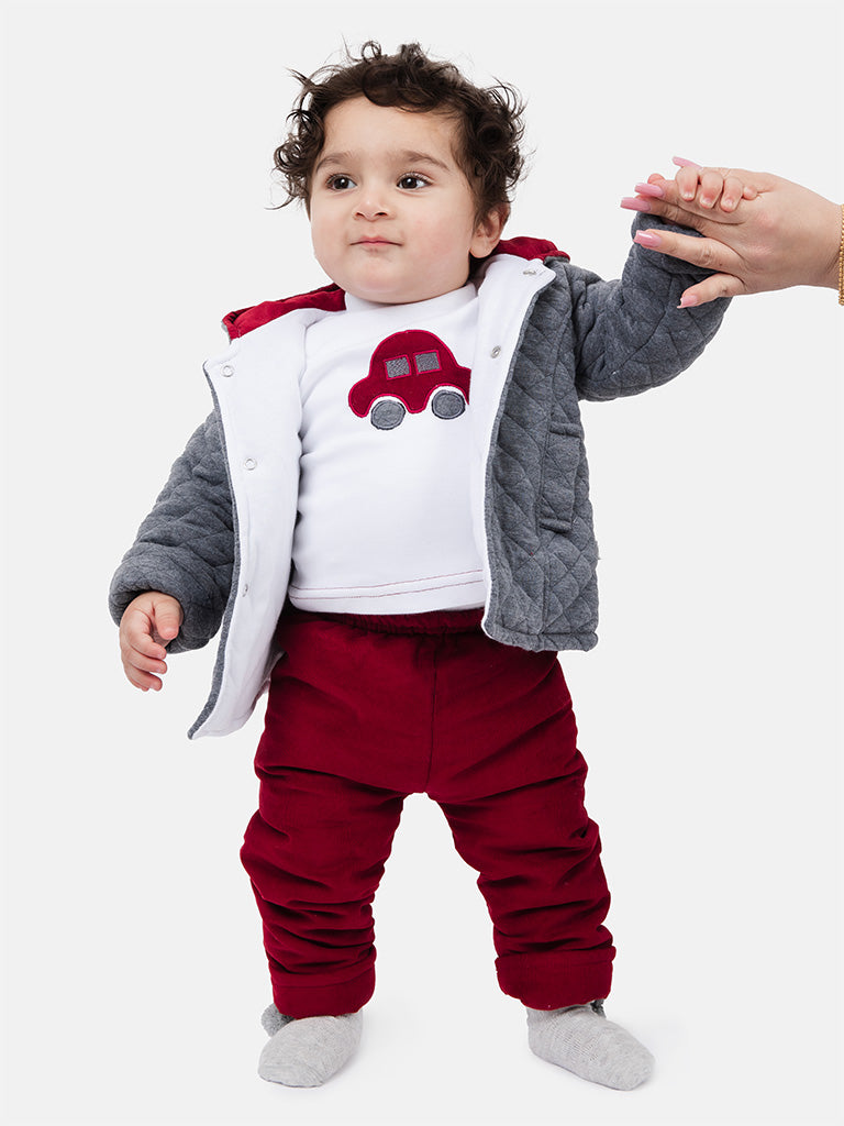 Baby Boy Damian 3-piece Set with Quilted Jacket - Grey & Cherry