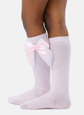 Baby Girl Knee Socks with Satin Double Bow - Baby Pink & White
