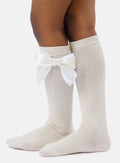 Baby Girl Knee Socks with Satin Double Bow - Cream & White
