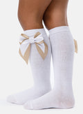 Baby Girl Knee Socks with Satin Double Bow - White & Tan