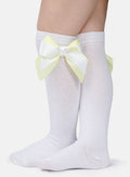 Baby Girl Knee Socks with Satin Double Bow - White & Lemon Yellow
