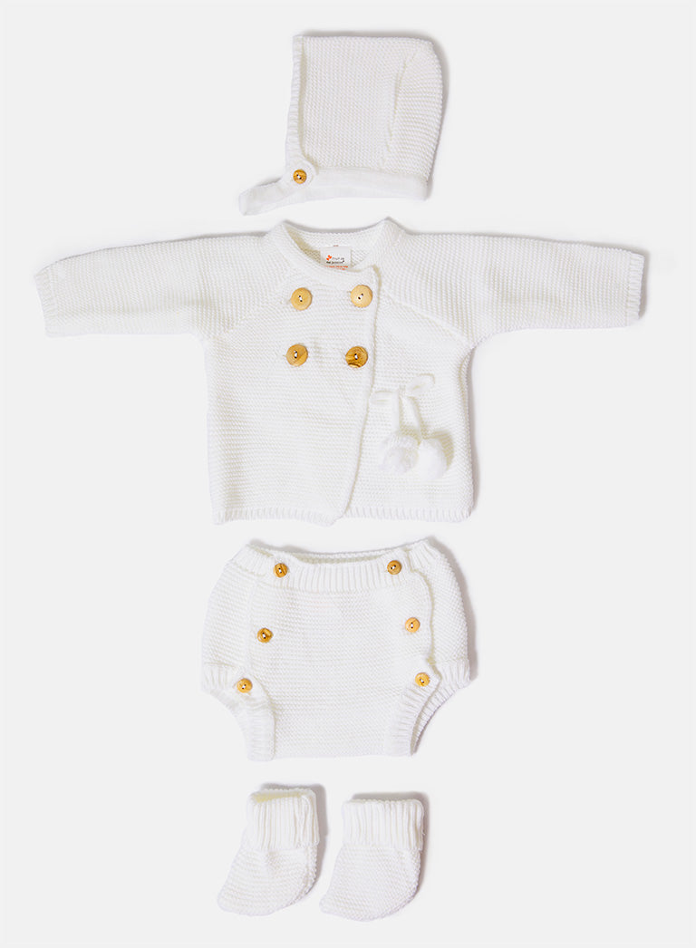 Baby Boy Knitted 4-Piece Set with Pom-Pom Cardigan Mommiesnbabies