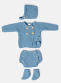 Baby Boy Knitted 4-Piece Set with Pom-Pom Cardigan - Blue