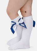 Baby Girl Knee Socks with Satin Double Bow - White & Navy Blue