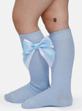 Baby Girl Knee Socks with Satin Double Bow - Baby Blue & White