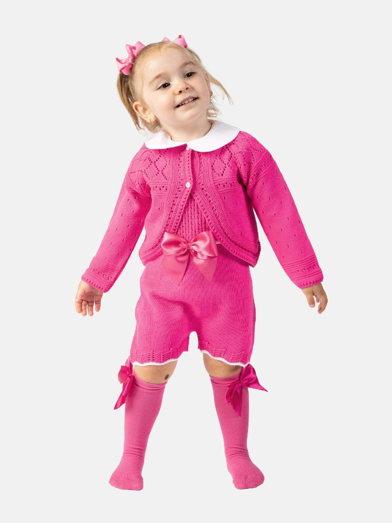 Baby Girl Lily Collection 3-piece Spanish Knitted Set- Fuchsia Pink