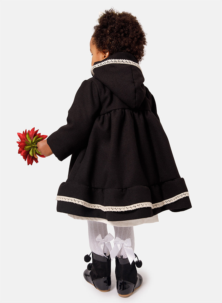 Baby Girl Elegant Spanish Coat with Lace Trim - Black
