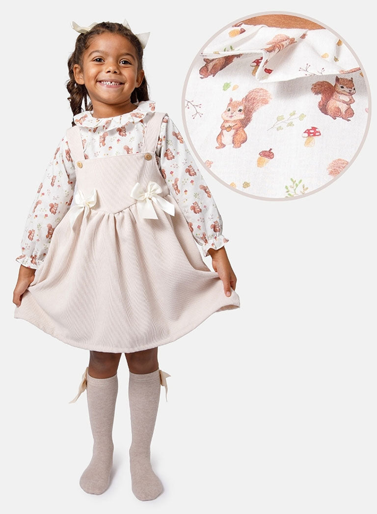 Baby Girl Squirrel Collection 2-Piece Spanish Velvet Dress Set with Shirt - Ivory