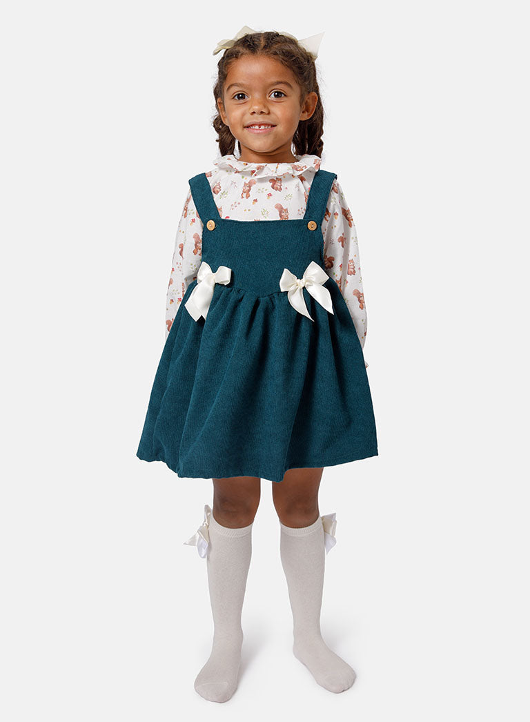 Baby Girl Squirrel Collection 2-Piece Spanish Velvet Dress Set with Shirt - Teal