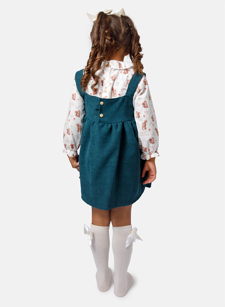 Baby Girl Squirrel Collection 2-Piece Spanish Velvet Dress Set with Shirt - Teal