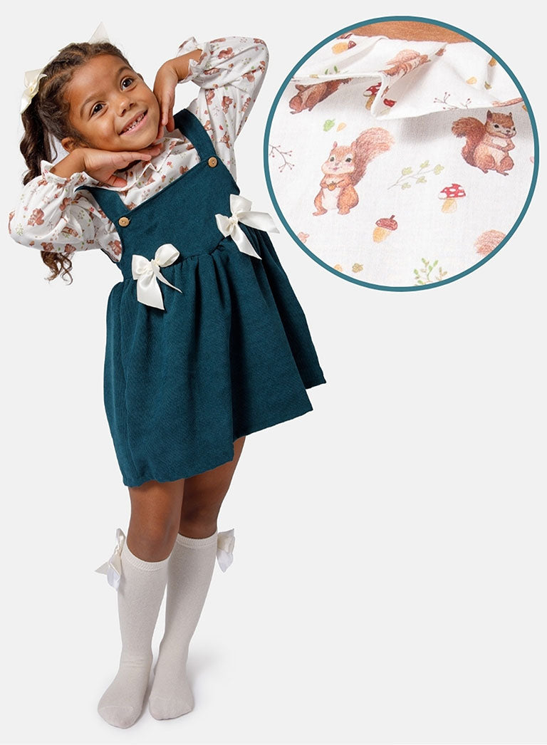 Baby Girl Squirrel Collection 2-Piece Spanish Velvet Dress Set with Shirt - Teal