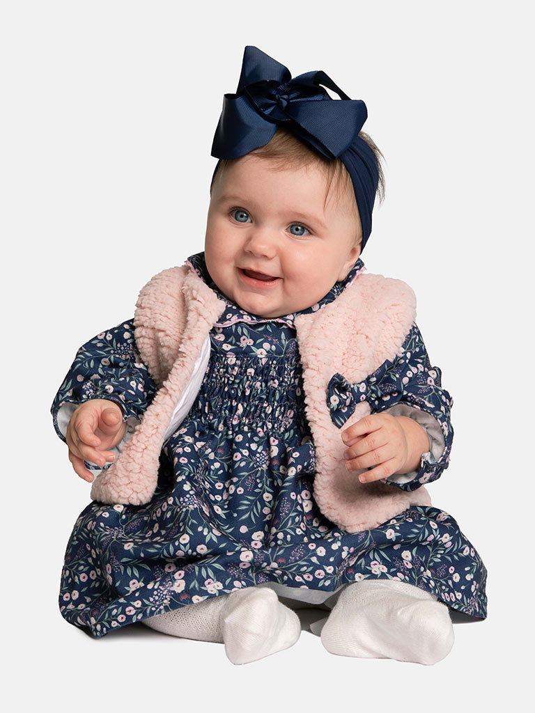 Baby Girl Leya Collection Dress with Fur Vest  - Navy Blue & Pink