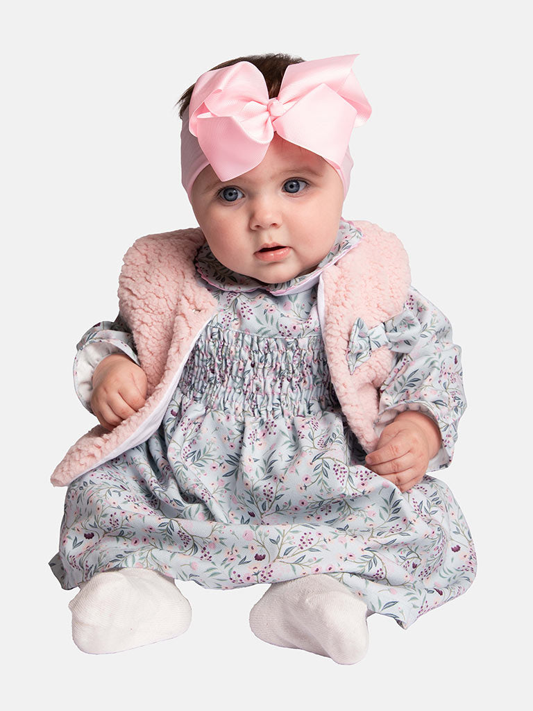 Baby Girl Leya Collection Dress with Fur Vest  - Mint & Pink